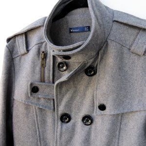 Men's Military Euro Style Pea Coat Gray Flannel, M. Wool/Rayon